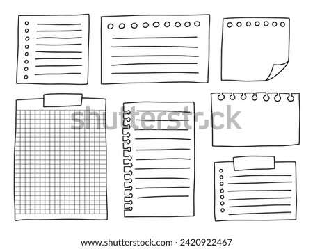 Set of hand drawn memo paper sheets and sticky notes. Doodle sketch paper blank notes vector set