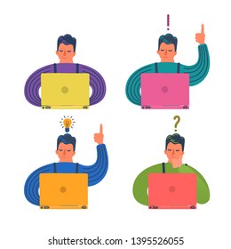 Set from hand drawn men with laptops. Typing man, man with exclamation mark, man with question mark and man light bulb. Flat style signs. Vector illustration.