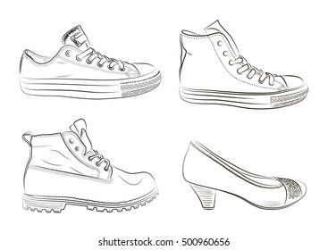 Set of hand drawn men and women shoes. Vector illustration.