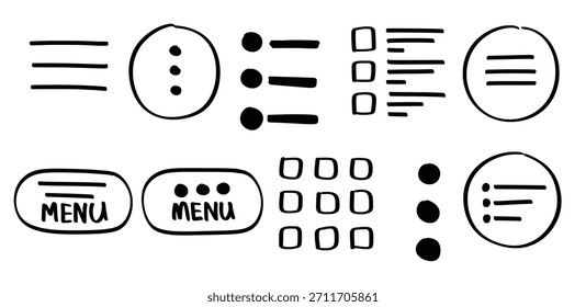 Conjunto de Botones de menú dibujados a mano tema Vector aislado