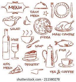 Set of hand drawn menu elements isolated on white