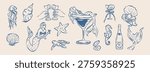 Set of hand drawn mermaid elements. Marine creatures, seashells, tail, glass