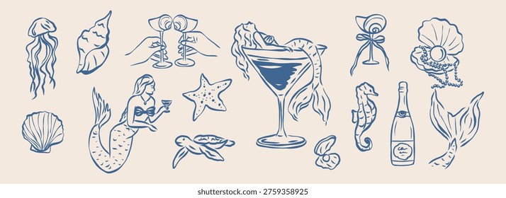 Set hand drawn mermaid
