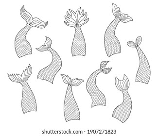 Set of hand drawn mermaid tails in doodle style isolated on white background. Black and white vector outline illustration for print design or coloring books.