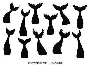 Set of hand drawn mermaid's tail silhouettes. Doodle cartoon vector illustration isolated on white background. Mermaid icon, logo, template.