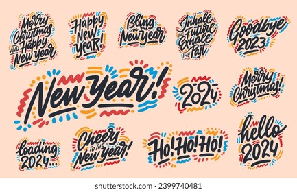 Set of hand drawn Merry christmas and Happy new year lettering. Winter decoration elements for design greeting cards, photo overlays, invitations and more
