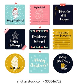 Set of hand drawn Merry Christmas greeting cards. Xmas card templates. Cartoon style design elements for invitation, banner, poster. 