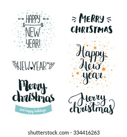 Set of hand drawn Merry christmas and Happy new year lettering. Winter decoration elements for design greeting cards, photo overlays, invitations and more