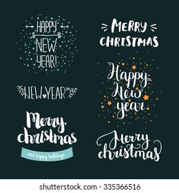 Set of hand drawn Merry christmas and Happy new year lettering. Winter decoration elements for design greeting cards, invitations and more