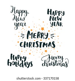 Set of hand drawn Merry christmas and Happy new year lettering. Winter decoration elements for design greeting cards, invitations and more
