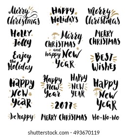 Set of hand drawn Merry christmas and Happy new year lettering for design greeting cards; photo overlays.