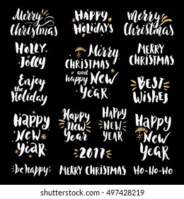 Set of hand drawn Merry christmas and Happy new year lettering for design greeting cards; photo overlays.