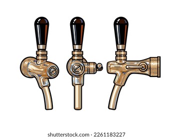 Set of hand drawn metal beer taps, front, side and three quarter view. Design elements for beer production, brewery, pub or bar. Vector illustration isolated on white background.