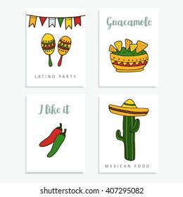 Set of hand drawn mexican cards for invitations or restaurant menu, doodle illustration backgrounds