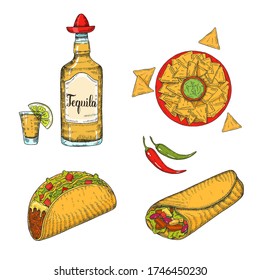 Set of hand drawn Mexican food -  nachos, tacos, burritos, tequila, chili pepper, guacamole,  jalapenos, wineglass and lime in sketch style isolated on white. Cinco de Mayo 