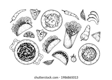 Set of hand drawn Mexican food. Vector illustration in sketch style