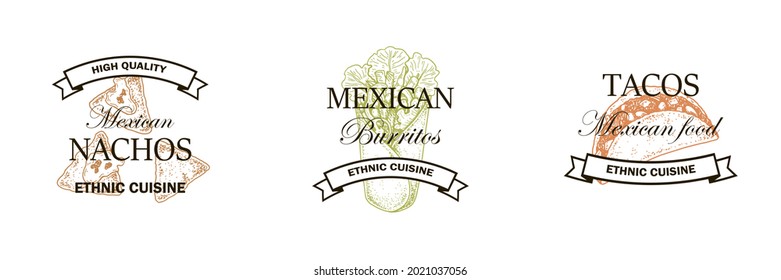 Conjunto de logos de comida mexicana hechos a mano aislados en fondo blanco. Ilustración vectorial en el estilo de esbozo