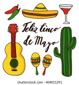 Set of hand drawn mexican icons. Cinco de mayo holiday. Isolated doodle illustrations, chili, cactus, guitar, hat. Stock vectors.