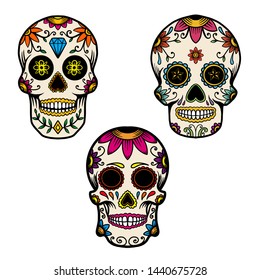 Set of hand drawn mexican sugar skull isolated on white background. Design element for poster, card, banner, t shirt, emblem, sign. Vector illustration