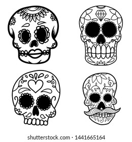 Set of hand drawn mexican sugar skull isolated on white background. Design element for poster, card, banner, t shirt, emblem, sign. Vector illustration