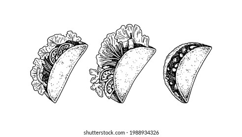 Set of hand drawn Mexican tacos. Vector illustration in sketch style