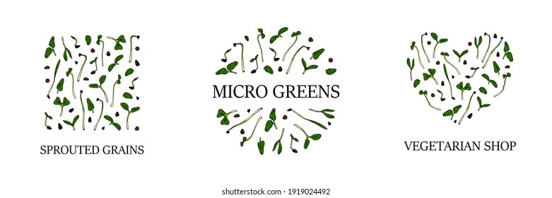 Conjunto de diseños de micro verdes hechos a mano. Diseño vegetariano y vegetariano saludable para el logotipo de la empresa, impresión, paquetes. Ilustración del vector