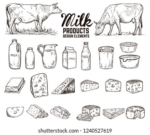 Set of hand drawn milk products design elements. butter, cheese, sour cream, yogurt, cows. For package, poster, sign, banner, flyer. Vector illustration