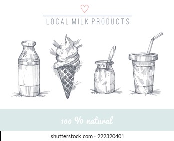 Set of hand drawn milk products. EPS 10. No transparency. No gradients.