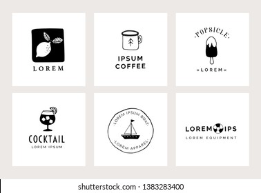 Set of  hand drawn minimal logo templates. Food, drink and travel concept. Business branding identity.  Isolated symbols. Simple and elegant icons collection. Vector illustrations. Retro design.