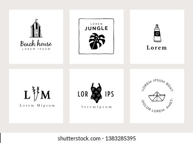 Set of  hand drawn minimal logo templates.Tourism, fashion and travel concept. Business branding identity.  Isolated symbols. Simple and elegant icons collection. Vector illustrations. Retro design.