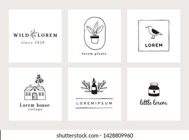 Set of  hand drawn minimal logo templates. Food, drink and travel concept. Business branding identity.  Isolated symbols. Simple and elegant icons collection. Vector illustrations. Retro design.