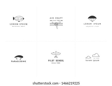 Set of hand drawn minimal vector logo templates. Sky sports and flight. Skydiving, parachuting, paragliding. For business identity and branding, flight courses, pilot schools and instructors.