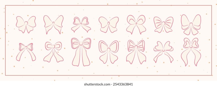 Set of hand drawn minimalist lace ribbons and bow knots. Vintage coquette Lolita style, ink doodle.  Perfect for poster, greeting cards, wedding invitations, branding, logo, tattoo.