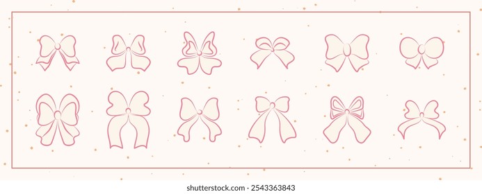 Set of hand drawn minimalist lace ribbons and bow knots. Vintage coquette Lolita style, ink doodle.  Perfect for poster, greeting cards, wedding invitations, branding, logo, tattoo.