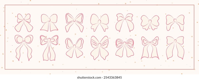 Set of hand drawn minimalist lace ribbons and bow knots. Vintage coquette Lolita style, ink doodle.  Perfect for poster, greeting cards, wedding invitations, branding, logo, tattoo.