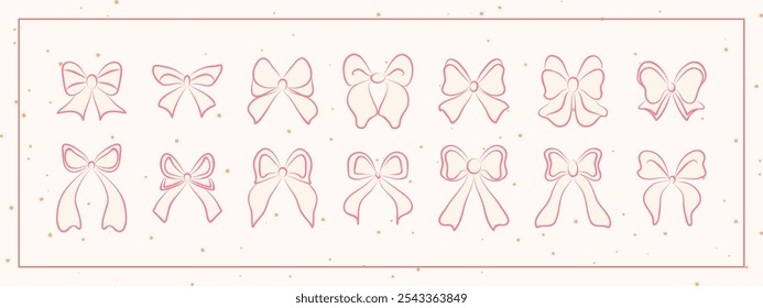 Set of hand drawn minimalist lace ribbons and bow knots. Vintage coquette Lolita style, ink doodle.  Perfect for poster, greeting cards, wedding invitations, branding, logo, tattoo.