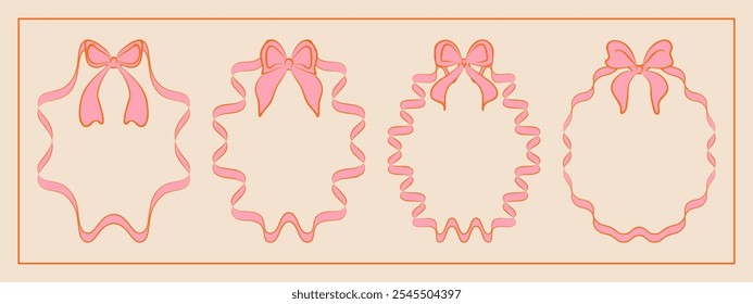 Set of hand drawn minimalist lace ribbons frame with bow knots. Vintage coquette Lolita style, valentine inspired. Perfect for poster, greeting cards, wedding invitations, branding, logo, tattoo.