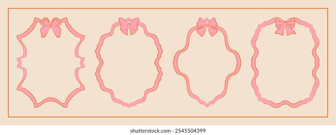 Set of hand drawn minimalist lace ribbons frame with bow knots. Vintage coquette Lolita style, valentine inspired. Perfect for poster, greeting cards, wedding invitations, branding, logo, tattoo.