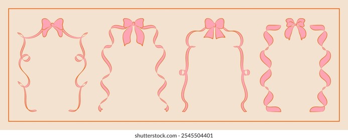 Set of hand drawn minimalist lace ribbons frame with bow knots. Vintage coquette Lolita style, valentine inspired. Perfect for poster, greeting cards, wedding invitations, branding, logo, tattoo.