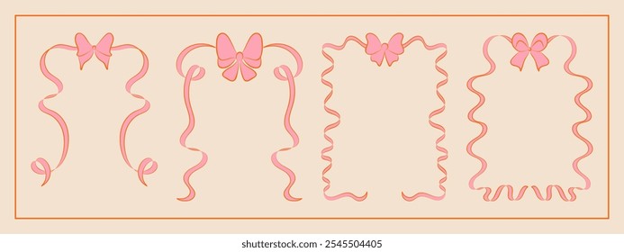 Set of hand drawn minimalist lace ribbons frame with bow knots. Vintage coquette Lolita style, valentine inspired. Perfect for poster, greeting cards, wedding invitations, branding, logo, tattoo.