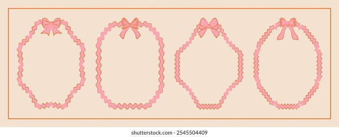 Set of hand drawn minimalist lace ribbons frame with bow knots. Vintage coquette Lolita style, valentine inspired. Perfect for poster, greeting cards, wedding invitations, branding, logo, tattoo.