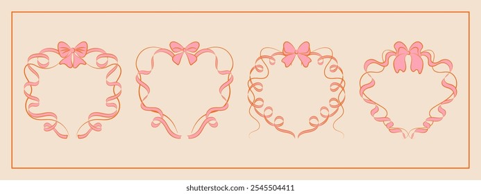 Set of hand drawn minimalist lace ribbons frame with bow knots. Vintage coquette Lolita style, valentine inspired. Perfect for poster, greeting cards, wedding invitations, branding, logo, tattoo.