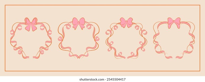 Set of hand drawn minimalist lace ribbons frame with bow knots. Vintage coquette Lolita style, valentine inspired. Perfect for poster, greeting cards, wedding invitations, branding, logo, tattoo.