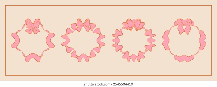 Set of hand drawn minimalist lace ribbons frame with bow knots. Vintage coquette Lolita style, valentine inspired. Perfect for poster, greeting cards, wedding invitations, branding, logo, tattoo.