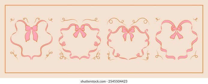 Set of hand drawn minimalist lace ribbons frame with bow knots. Vintage coquette Lolita style, valentine inspired. Perfect for poster, greeting cards, wedding invitations, branding, logo, tattoo.