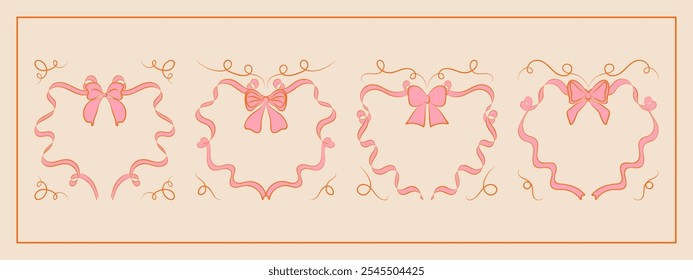 Set of hand drawn minimalist lace ribbons frame with bow knots. Vintage coquette Lolita style, valentine inspired. Perfect for poster, greeting cards, wedding invitations, branding, logo, tattoo.