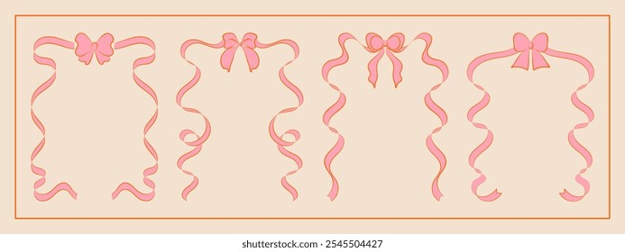 Set of hand drawn minimalist lace ribbons frame with bow knots. Vintage coquette Lolita style, valentine inspired. Perfect for poster, greeting cards, wedding invitations, branding, logo, tattoo.