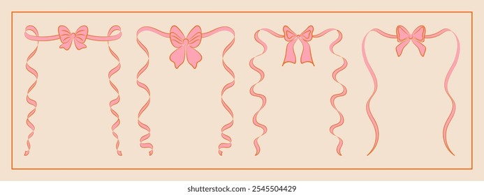 Set of hand drawn minimalist lace ribbons frame with bow knots. Vintage coquette Lolita style, valentine inspired. Perfect for poster, greeting cards, wedding invitations, branding, logo, tattoo.