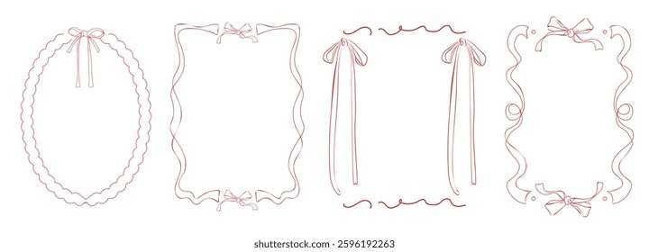 A set of hand drawn minimalist vintage frames with ribbons and bows. Isolated. Coquettish vector illustration for wedding invitations, menu, card for Christmas, Valentine's Day, birthday, girls' party