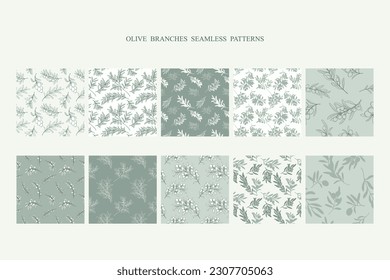 Un conjunto de ramas de olivo de líneas minimalistas dibujadas a mano. Patrones vectoriales florales modernos sin costura. Elegantes dibujos botánicos simples.